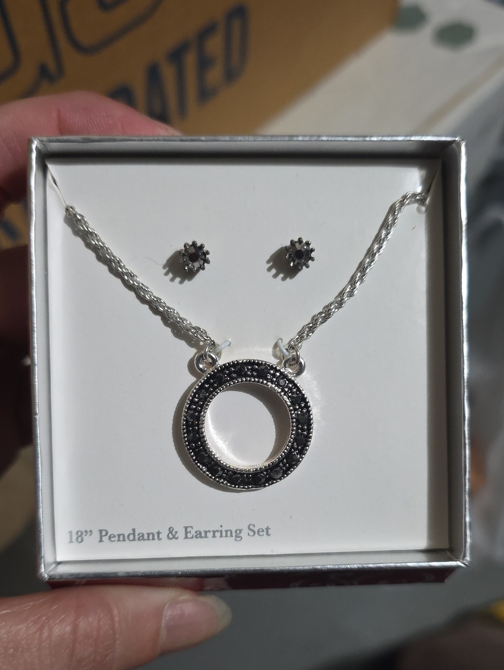Silver Black Crystal Circle Pendant & Stud Earring Set